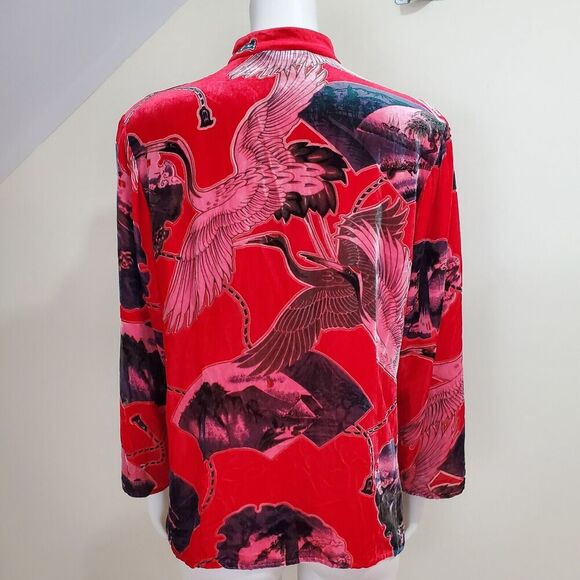 Aris A Womens XL Velvet Top Asian Crane Stand Collar Silk Knot Kimono Boho Artsy - Picture 6 of 10